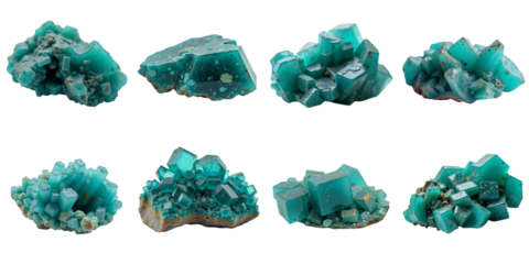 Beautiful chrysocolla minerals arranged in different shapes on an isolated background