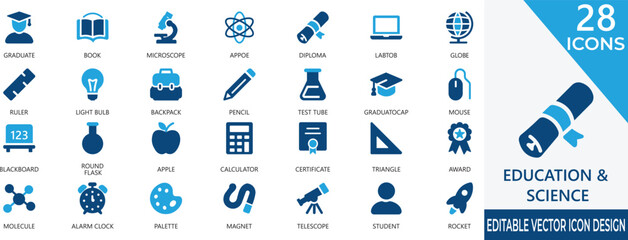 A modern vector icon set representing education, science, research, and innovation concepts. Perfect for apps, websites, presentations, and stock platforms needing clear academic and scientific visual