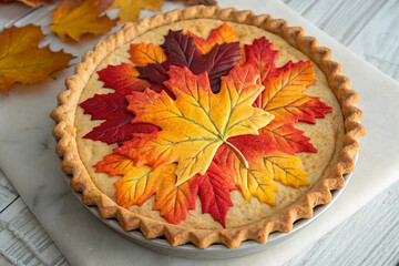 Homemade Autumn Pie Decorated with Colorful Maple Leaves