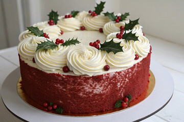 Homemade Holiday Cake Decorated with Icing and Holly