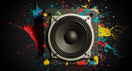 飛び散るカラフルなペンキとスピーカー