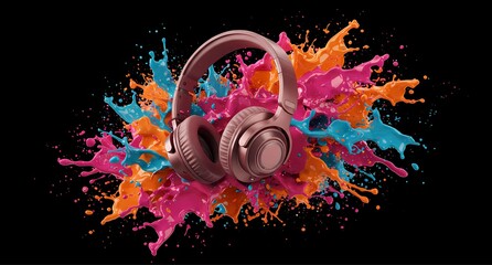 飛び散るカラフルなペンキとヘッドフォン
