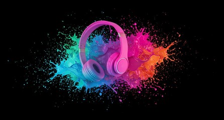 飛び散るカラフルなペンキとピンクのヘッドフォン