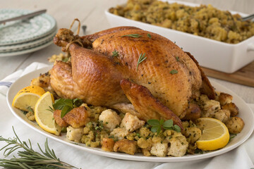 Golden Roasted Turkey with Stuffing, Lemon, and Rosemary