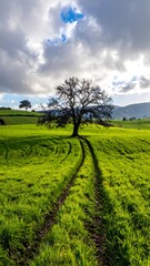 A verdant field, a lone tree, and a path