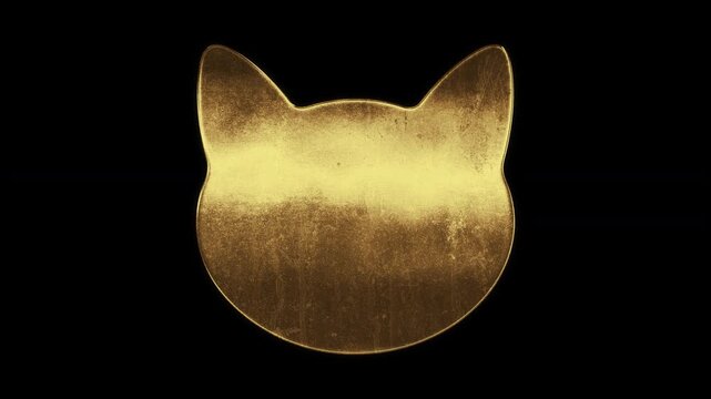 Cat face with slightly reflected outlines on a gold foil-like surface, loop, alpha channel

