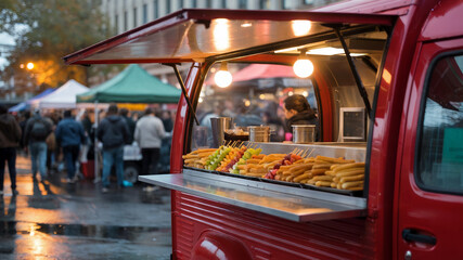 Vibrant Street Food Truck at Busy Evening Market