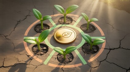 Top-down view of sprouts encircling a glowing golden coin with leaf emblem, cracked earth background, radial infographic overlay, symbolizing prosperity, eco-finance, and sustainable growth