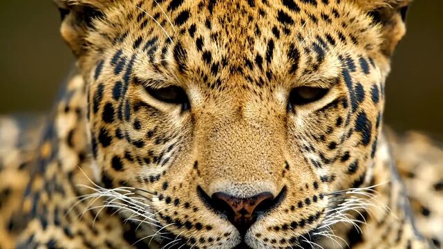 Intense gaze of a majestic leopard with striking spotted fur, a powerful predator in its natural habitat.