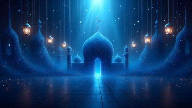 Mystical blue mosque silhouette illuminated by a divine heavenly light beam