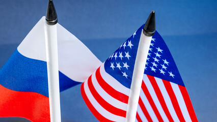 the Russian flag and the US flag on the table. Negotiation Concept