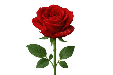 Fototapeta premium Red rose with water drops and green stem on transparent background symbolizing love, romance, and beauty