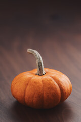 Small orange pumpkin on black walnut table with copy space