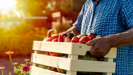 Farmer with a box of wood in a garden plot
