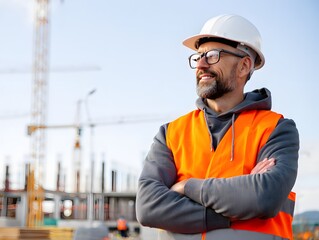 Experienced construction worker in safety vest and hard hat overseeing project
