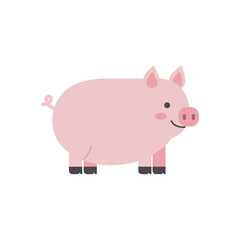 Cute flat vector illustration of a pink pig with round body and curly tail, simple cartoon farm animal design isolated