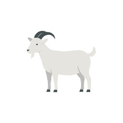 Minimal vector illustration of a white goat with black curved horns and small beard, flat cartoon farm animal design isolated