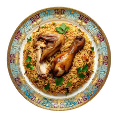 Luxurious Chicken Biryani on Ornate Porcelain Plate