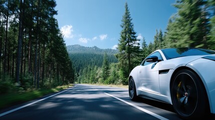 Fototapeta premium White Luxury Car Driving on Asphalt Road through Forest Scenic Mountain Backdrop Sunny Day