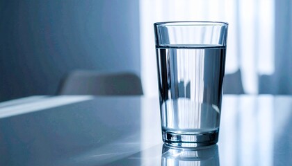 Clear glass of fresh water placed on a light table with natural reflections. Symbol of purity, hydration, wellness, and minimal lifestyle