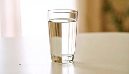 Clear glass of fresh water placed on a light table with natural reflections. Symbol of purity, hydration, wellness, and minimal lifestyle