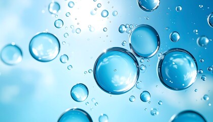 Abstract image of various sized bubbles suspended in a light blue liquid against a blurred light blue background