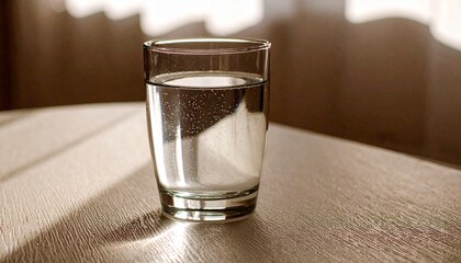 Clear glass of fresh water placed on a light table with natural reflections. Symbol of purity, hydration, wellness, and minimal lifestyle