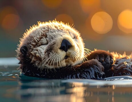 Adorable sea otter sleeping in water