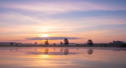 Obraz premium Serene Sunset Reflecting on Calm Water with Trees Silhouette in Pastel Sky