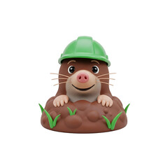A cute cartoon mole wearing a green hard hat pops out of a mound of dirt.