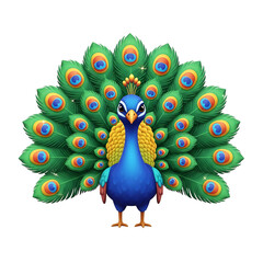 Vibrant cartoon peacock with fanned iridescent tail feathers, standing front-facing on a white background, showcasing its colorful plumage.