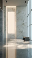 Elegant modern interior with natural light sleek marble walls minimalist design bright window views contemporary architecture luxurious ambiance and stylish decor