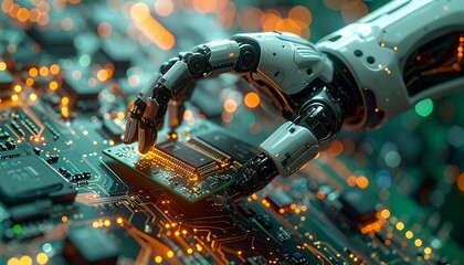 Cuttingedge D render robotic hand delicately grasping microchip precise Action, one color background, animated component