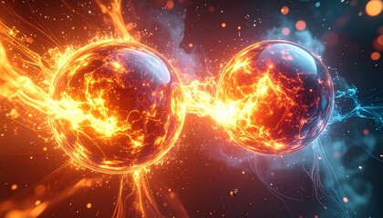 Abstract D render glowing energy spheres colliding powerful Action, one color background, animated particle burst, representing