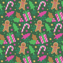 seamless pattern with cute christmas trees, gift box, snowman and gingerbread cookies.