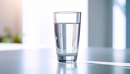 Clear glass of fresh water placed on a light table with natural reflections. Symbol of purity, hydration, wellness, and minimal lifestyle