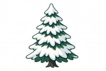 Green spruce tree covered in snow, celebrating christmas and winter holidays, cartoon illustration with transparent background
