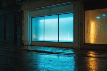 Vibrant neon lights illuminating urban storefronts at night with colorful glow modern architecture reflective surfaces and vibrant cityscape atmosphere