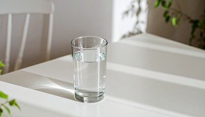 Clear glass of fresh water placed on a light table with natural reflections. Symbol of purity, hydration, wellness, and minimal lifestyle