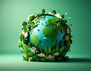 Vibrant green earth with lush foliage and tiny homes globe nature