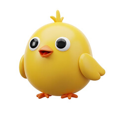 Obraz premium Cute 3D rendered cartoon yellow chick with big black eyes and orange beak on a white background.