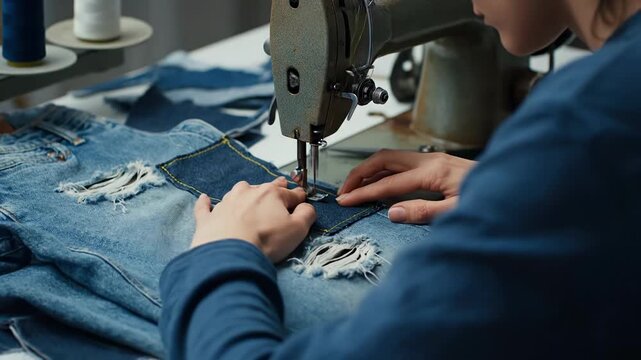In a cozy workshop, hands expertly sew a denim patch onto ripped jeans, breathing new life into old fabric. The atmosphere is filled with creativity and passion for fashion.