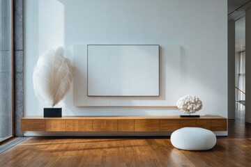 Modern minimalist living room with wooden furniture wall-mounted TV decorative art natural light spacious layout hardwood floors contemporary decor stylish furniture cozy