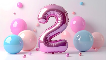 Shiny Number Two Balloon surrounded by Birthday Decorations