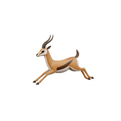 A graceful gazelle with curved horns captured in a dynamic running or leaping pose against a clean white background.