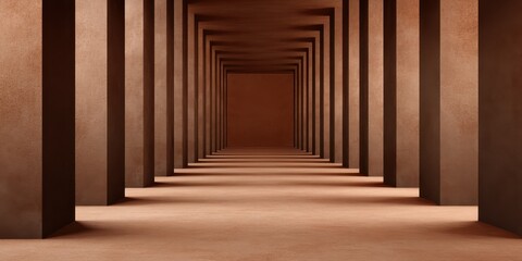 Three-dimensional Perspective Dimensionality concept. Abstract corridor with repeating geometric design and warm tones.