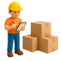Construction or logistics worker with safety helmet taking notes on clipboard beside moving boxes, PNG illustration with transparent background for business, shipping and relocation concepts