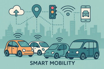 Smart city illustration with car, van, traffic light, cloud and map pin icons representing modern urban mobility, navigation, digital connectivity and intelligent transportation systems