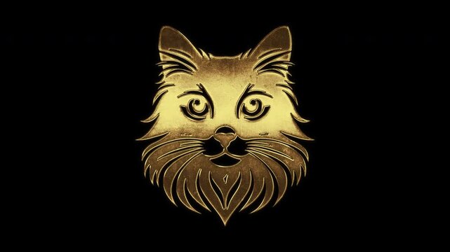 Cat face with slightly reflected outlines on a gold foil-like surface, loop, alpha channel

