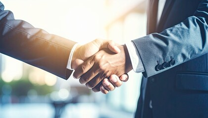 Close-up of two business professionals shaking hands in sunlight, symbolizing trust, teamwork, success, agreement, and professional collaboration.